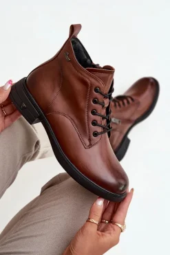 Outlet Buty damskie Vinceza Ocieplane Skórzane Botki Damskie Na Niskim Obcasie Vinceza 39953 Brązowe