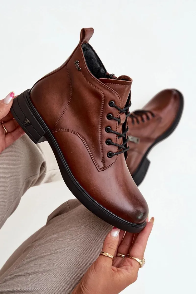 Outlet Buty damskie Vinceza Ocieplane Skórzane Botki Damskie Na Niskim Obcasie Vinceza 39953 Brązowe