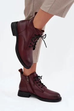 Discount Ocieplane Skórzane Botki Damskie Na Niskim Obcasie Vinceza 39953 Bordowe Damskie Botki Ocieplane|Botki Sznurowane