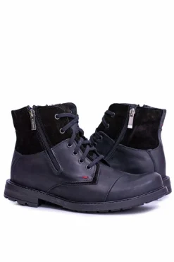 Online Ocieplane Skórzane Botki Męskie Z Zamkami Czarne KOMODO 871 Męskie Botki Męskie