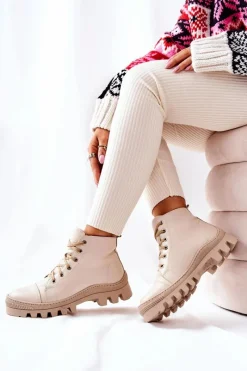 Damskie Trapery|Botki Sznurowane>Boto Ocieplane Skórzane Botki Trapery Beżowe Madisson
