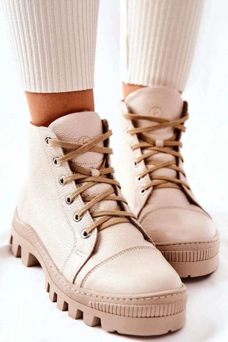 Damskie Trapery|Botki Sznurowane>Boto Ocieplane Skórzane Botki Trapery Beżowe Madisson