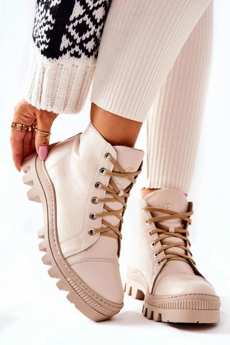 Damskie Trapery|Botki Sznurowane>Boto Ocieplane Skórzane Botki Trapery Beżowe Madisson