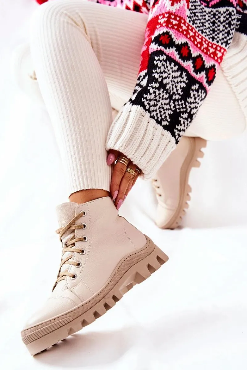 Damskie Trapery|Botki Sznurowane>Boto Ocieplane Skórzane Botki Trapery Beżowe Madisson