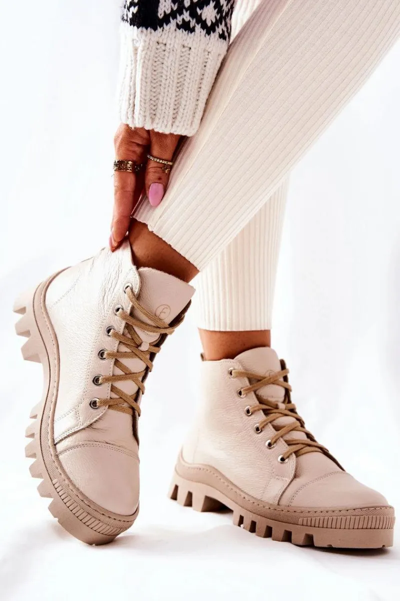 Damskie Trapery|Botki Sznurowane>Boto Ocieplane Skórzane Botki Trapery Beżowe Madisson