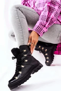 Damskie Trapery|Botki Sznurowane>Boto Ocieplane Skórzane Botki Trapery Czarne Cateline