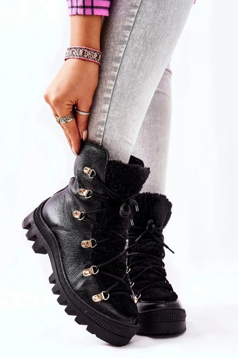 Damskie Trapery|Botki Sznurowane>Boto Ocieplane Skórzane Botki Trapery Czarne Cateline