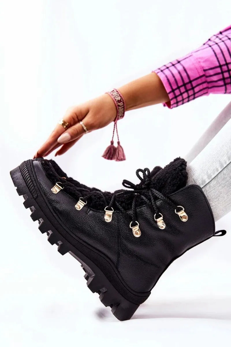 Damskie Trapery|Botki Sznurowane>Boto Ocieplane Skórzane Botki Trapery Czarne Cateline