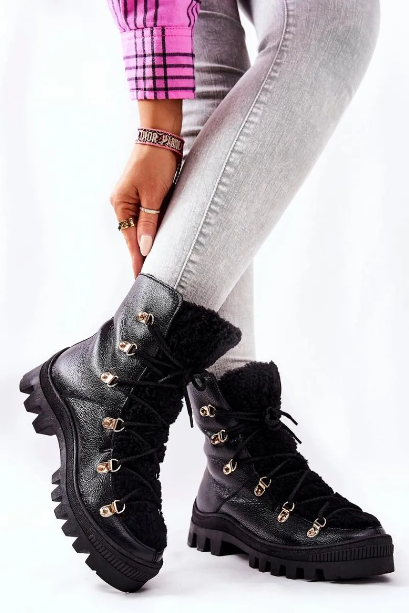 Damskie Trapery|Botki Sznurowane>Boto Ocieplane Skórzane Botki Trapery Czarne Cateline