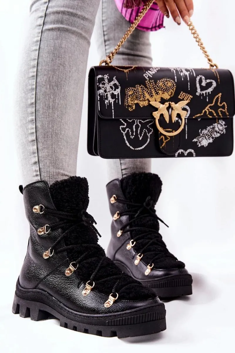 Damskie Trapery|Botki Sznurowane>Boto Ocieplane Skórzane Botki Trapery Czarne Cateline