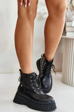 New Ocieplane Skórzane Botki Trapery Na Masywnej Podeszwie OO2N4126 Czarne Damskie Botki Ocieplane|Damskie Trapery