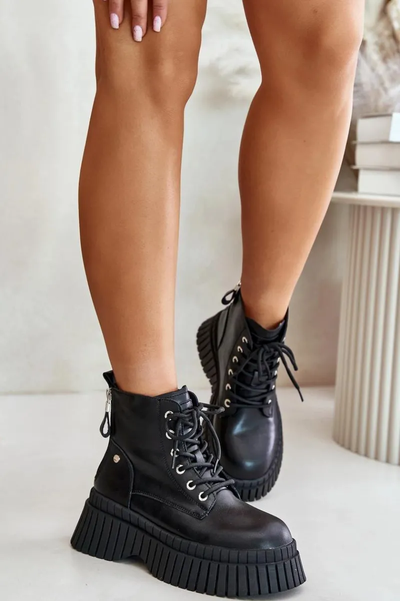 New Ocieplane Skórzane Botki Trapery Na Masywnej Podeszwie OO2N4126 Czarne Damskie Botki Ocieplane|Damskie Trapery