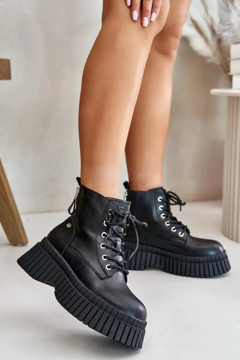 New Ocieplane Skórzane Botki Trapery Na Masywnej Podeszwie OO2N4126 Czarne Damskie Botki Ocieplane|Damskie Trapery