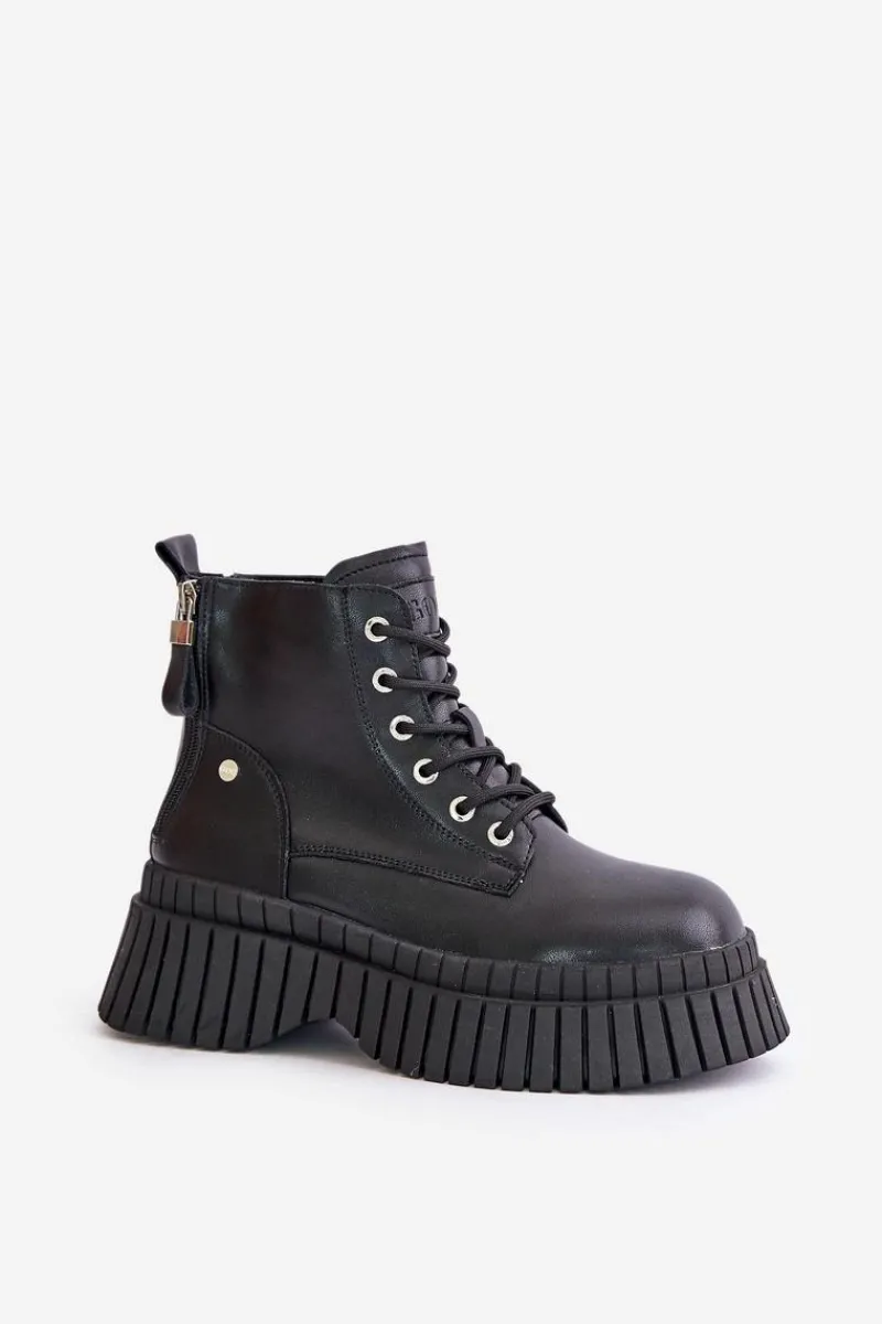 New Ocieplane Skórzane Botki Trapery Na Masywnej Podeszwie OO2N4126 Czarne Damskie Botki Ocieplane|Damskie Trapery