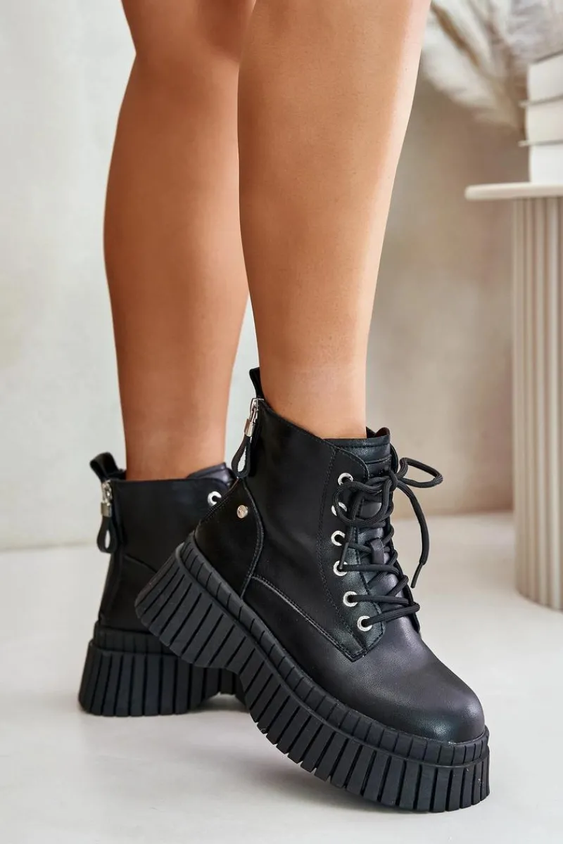 New Ocieplane Skórzane Botki Trapery Na Masywnej Podeszwie OO2N4126 Czarne Damskie Botki Ocieplane|Damskie Trapery