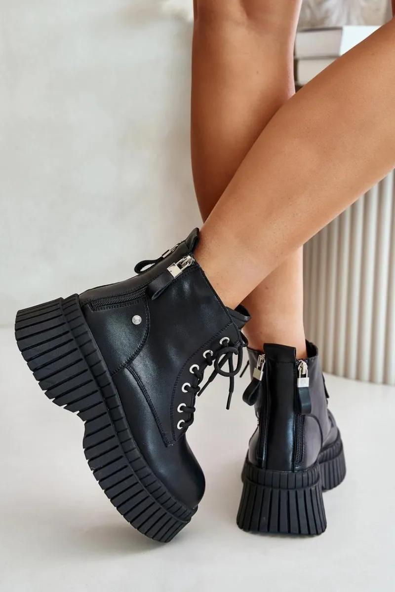 New Ocieplane Skórzane Botki Trapery Na Masywnej Podeszwie OO2N4126 Czarne Damskie Botki Ocieplane|Damskie Trapery