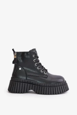 New Ocieplane Skórzane Botki Trapery Na Masywnej Podeszwie OO2N4126 Czarne Damskie Botki Ocieplane|Damskie Trapery