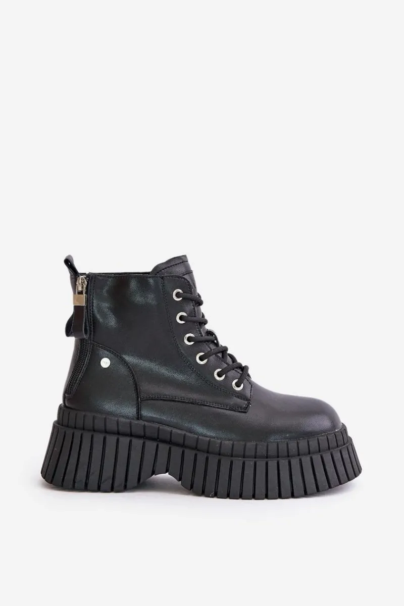 New Ocieplane Skórzane Botki Trapery Na Masywnej Podeszwie OO2N4126 Czarne Damskie Botki Ocieplane|Damskie Trapery