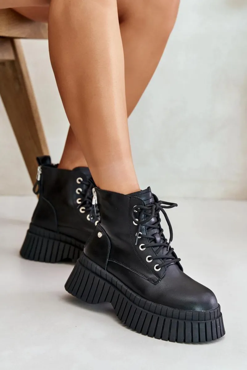 New Ocieplane Skórzane Botki Trapery Na Masywnej Podeszwie OO2N4126 Czarne Damskie Botki Ocieplane|Damskie Trapery