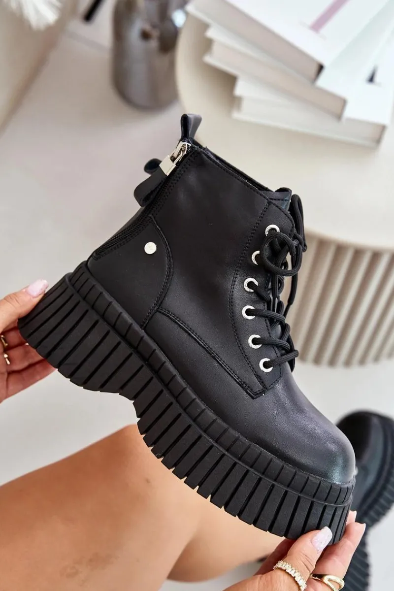 New Ocieplane Skórzane Botki Trapery Na Masywnej Podeszwie OO2N4126 Czarne Damskie Botki Ocieplane|Damskie Trapery