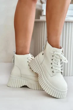 Best GOE Ocieplane Skórzane Botki Trapery Na Masywnej Podeszwie OO2N4127Jasnobeżowe Beżowy