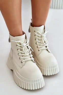 Best GOE Ocieplane Skórzane Botki Trapery Na Masywnej Podeszwie OO2N4127Jasnobeżowe Beżowy