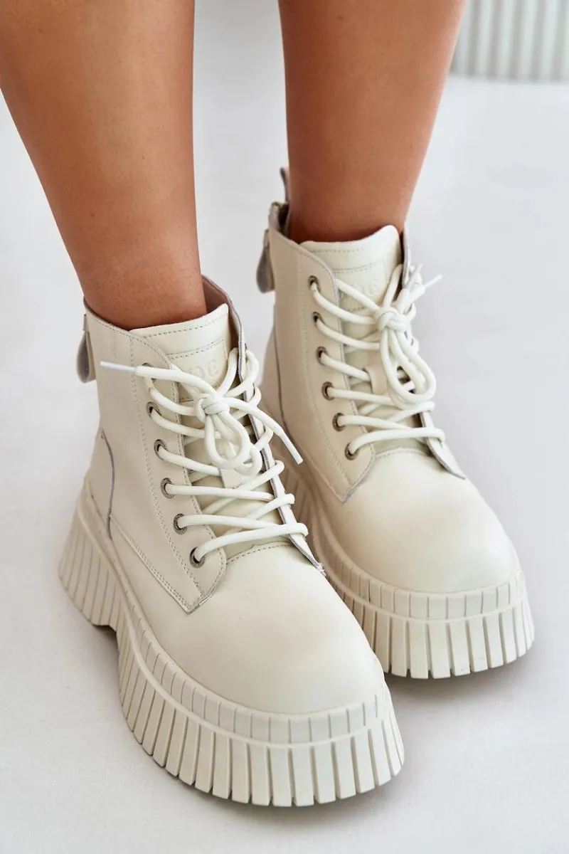 Best GOE Ocieplane Skórzane Botki Trapery Na Masywnej Podeszwie OO2N4127Jasnobeżowe Beżowy