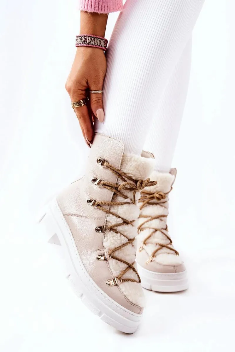 Clearance Boto Ocieplane Skórzane Botki Trapery Jasnobeżowe Nerisso Beżowy