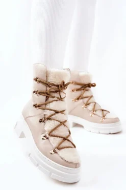 Clearance Boto Ocieplane Skórzane Botki Trapery Jasnobeżowe Nerisso Beżowy