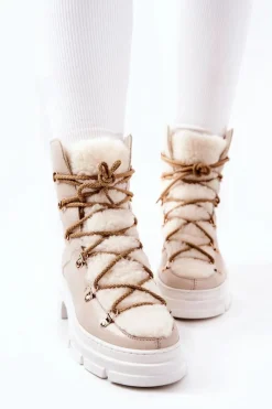 Clearance Boto Ocieplane Skórzane Botki Trapery Jasnobeżowe Nerisso Beżowy