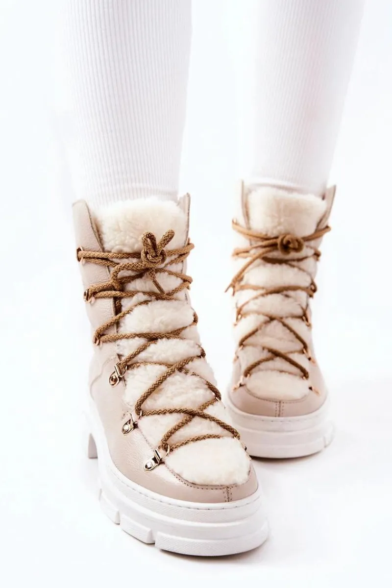 Clearance Boto Ocieplane Skórzane Botki Trapery Jasnobeżowe Nerisso Beżowy