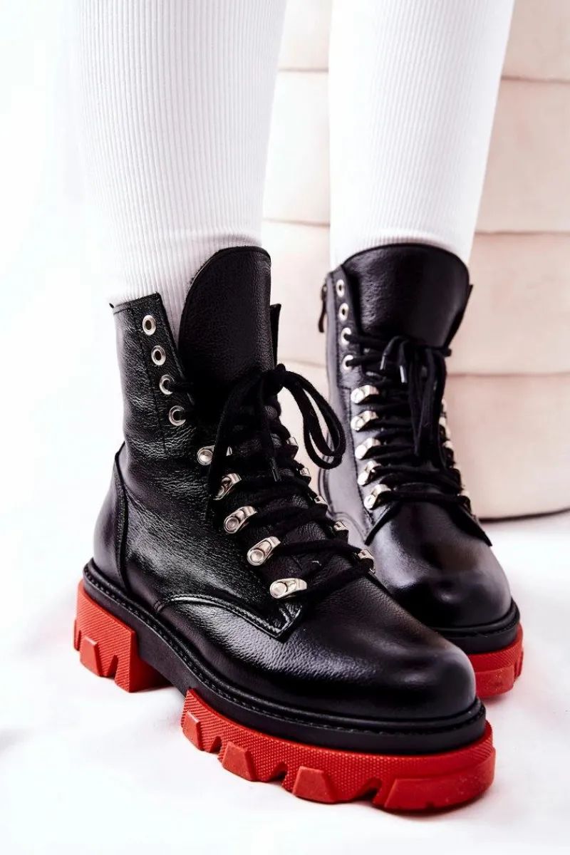 Damskie Trapery|Botki Sznurowane>Boto Ocieplane Skórzane Botki Workery Czarne Kelley