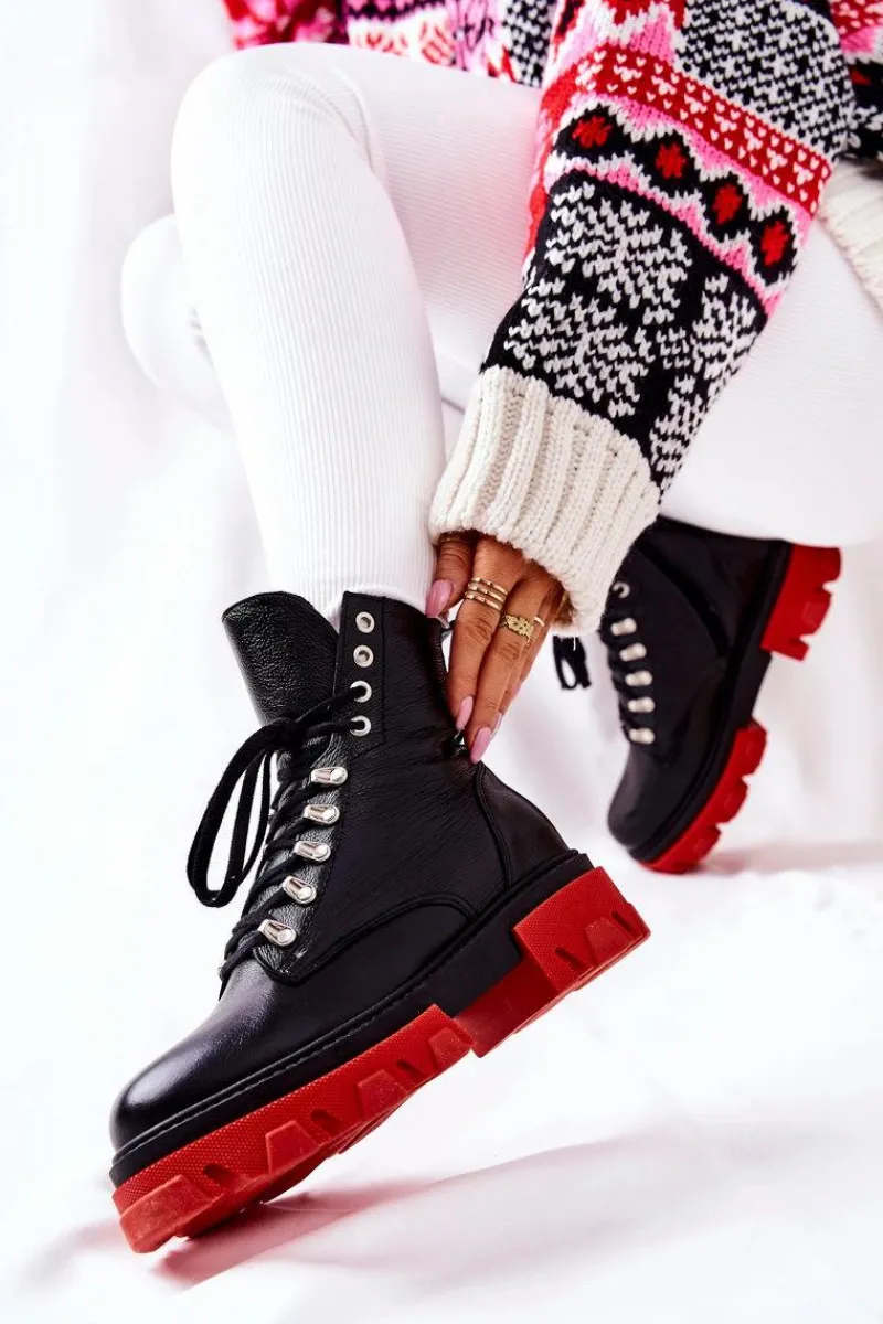 Damskie Trapery|Botki Sznurowane>Boto Ocieplane Skórzane Botki Workery Czarne Kelley