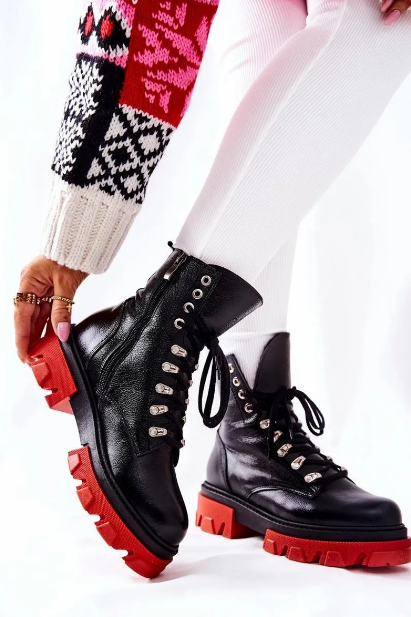 Damskie Trapery|Botki Sznurowane>Boto Ocieplane Skórzane Botki Workery Czarne Kelley