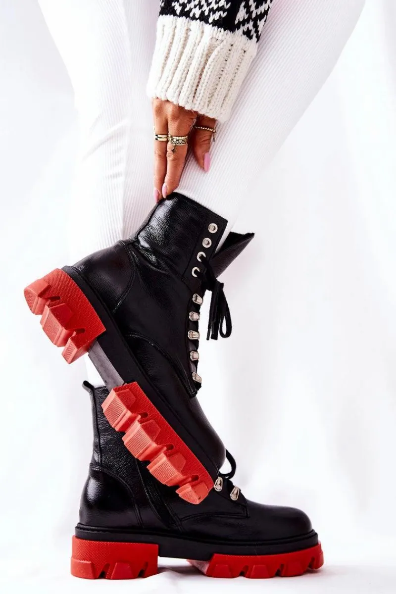 Damskie Trapery|Botki Sznurowane>Boto Ocieplane Skórzane Botki Workery Czarne Kelley