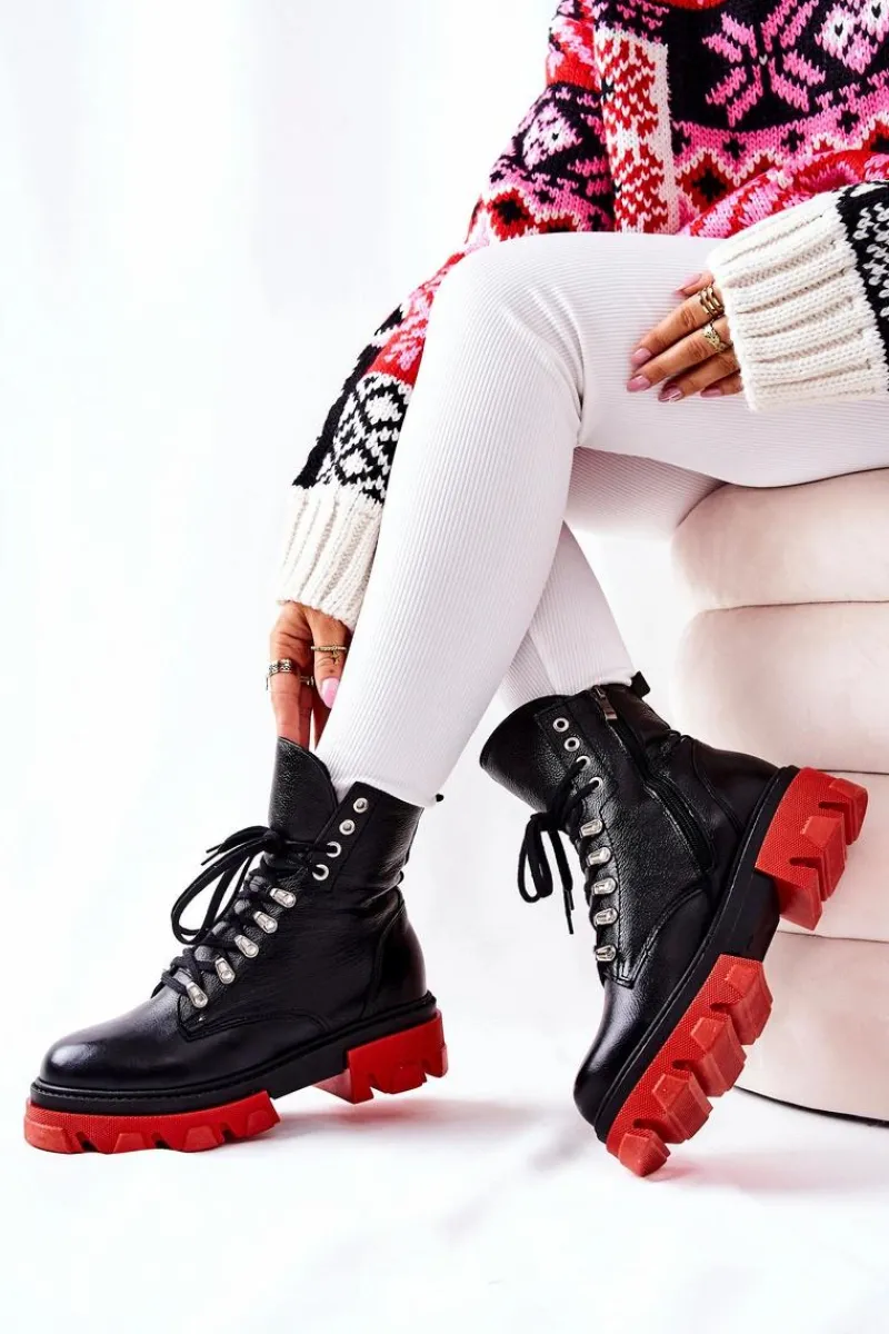 Damskie Trapery|Botki Sznurowane>Boto Ocieplane Skórzane Botki Workery Czarne Kelley