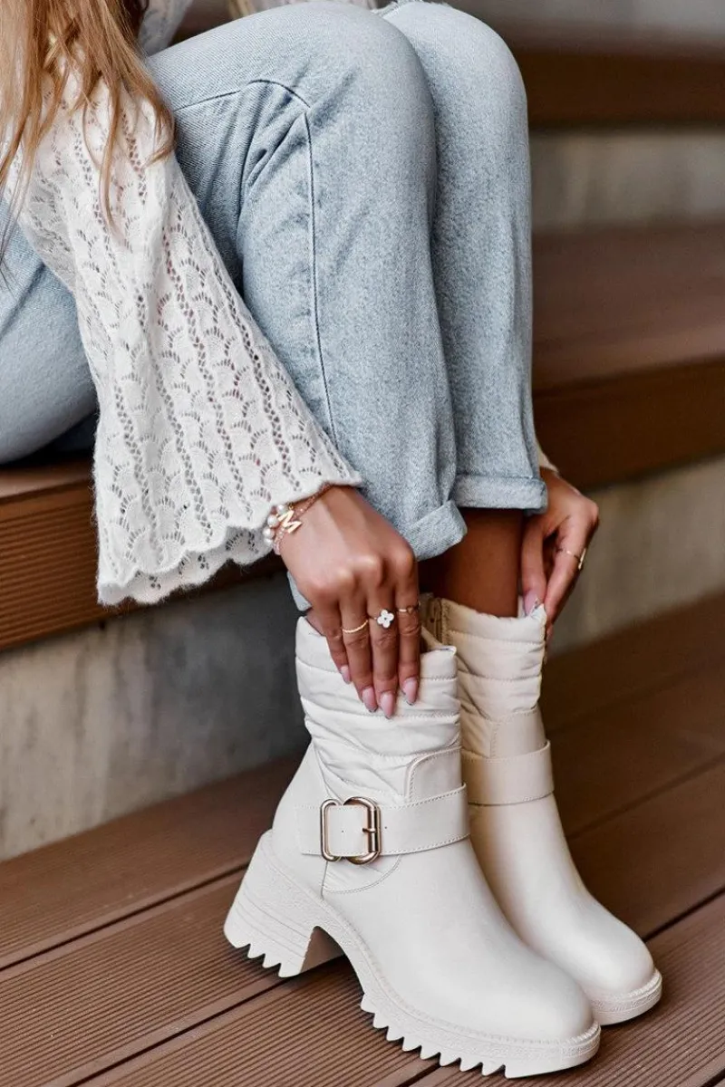 Best Boto Ocieplane Skórzane Botki Z Klamrą Beżowe Osonia