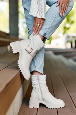 Best Boto Ocieplane Skórzane Botki Z Klamrą Beżowe Osonia