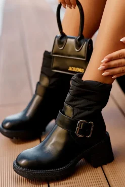 Hot Ocieplane Skórzane Botki Z Klamrą Czarne Osonia Damskie Botki Ocieplane|Czarne Botki