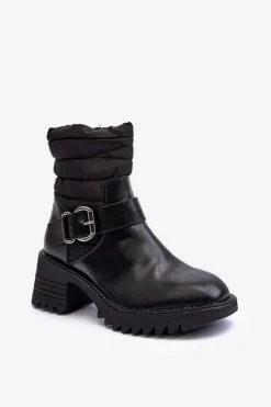Hot Ocieplane Skórzane Botki Z Klamrą Czarne Osonia Damskie Botki Ocieplane|Czarne Botki