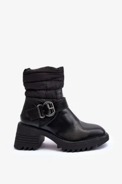 Hot Ocieplane Skórzane Botki Z Klamrą Czarne Osonia Damskie Botki Ocieplane|Czarne Botki