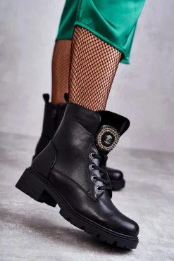 Botki Sznurowane|Czarne Botki>Damskie buty S.Barski Ocieplane Skórzane Botki Z Ozdobą Czarne Blandi