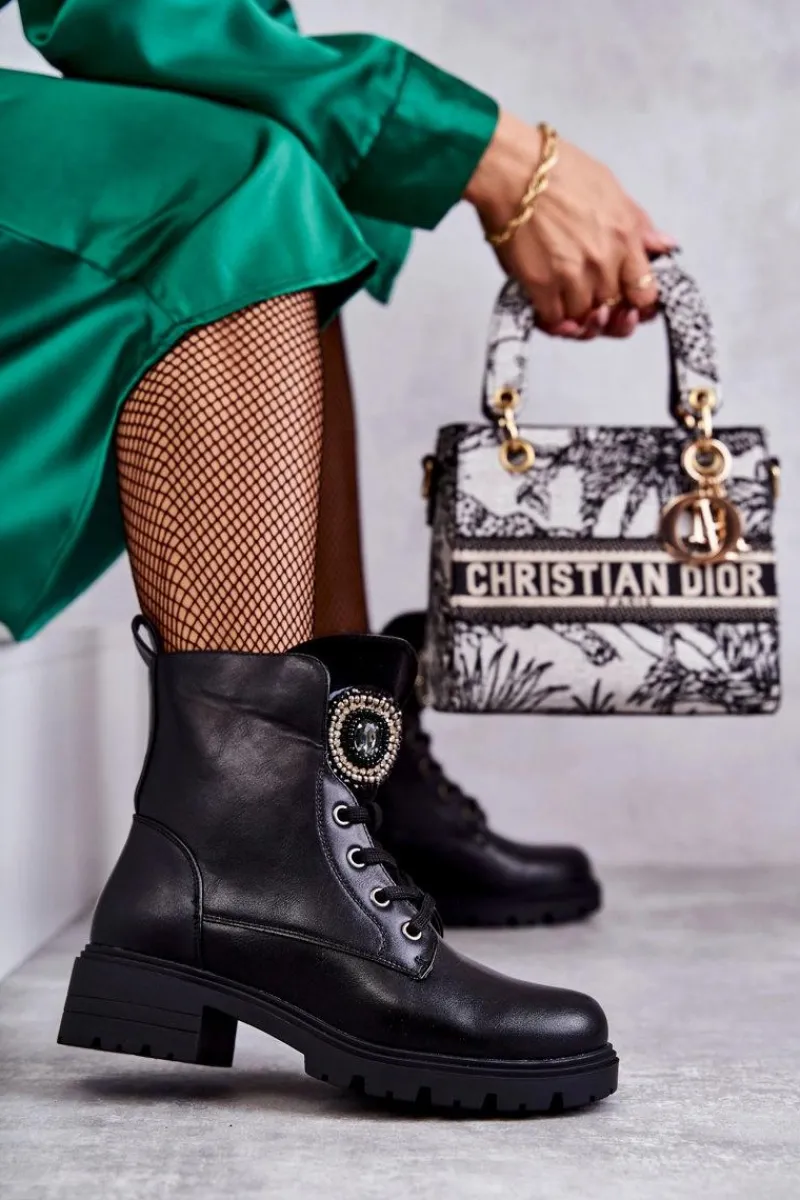 Botki Sznurowane|Czarne Botki>Damskie buty S.Barski Ocieplane Skórzane Botki Z Ozdobą Czarne Blandi