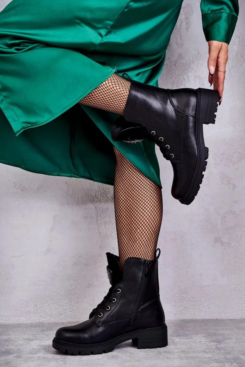 Botki Sznurowane|Czarne Botki>Damskie buty S.Barski Ocieplane Skórzane Botki Z Ozdobą Czarne Blandi