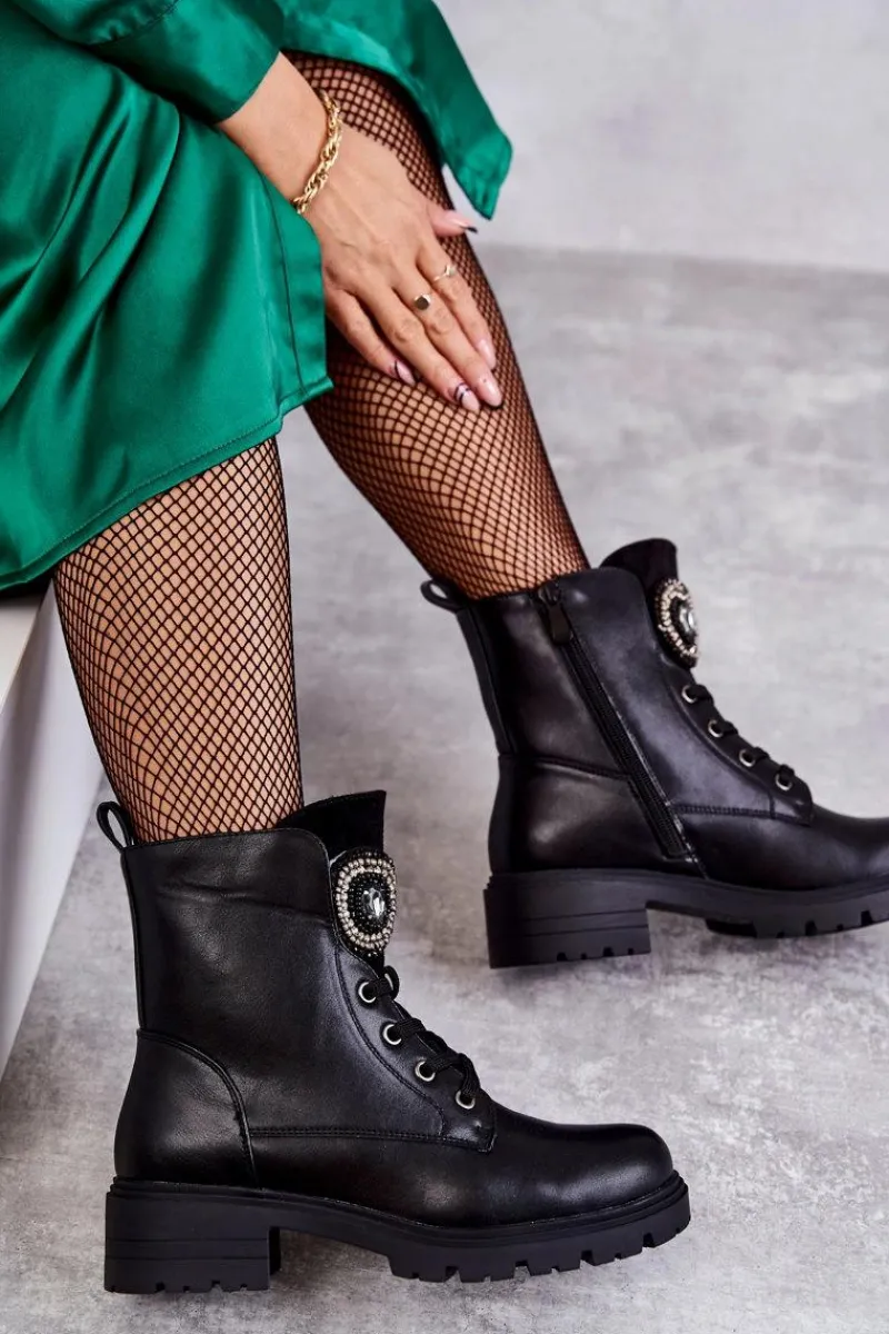 Botki Sznurowane|Czarne Botki>Damskie buty S.Barski Ocieplane Skórzane Botki Z Ozdobą Czarne Blandi