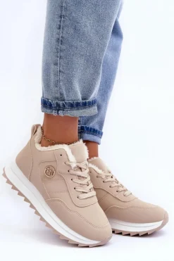 Sneakersy Damskie>Boto Ocieplane Skórzane Buty Sportowe Na Platformie Beżowe Adite