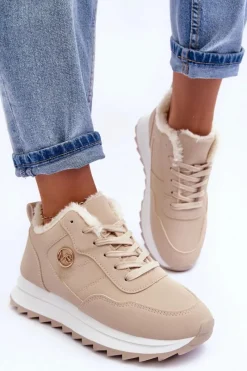 Sneakersy Damskie>Boto Ocieplane Skórzane Buty Sportowe Na Platformie Beżowe Adite