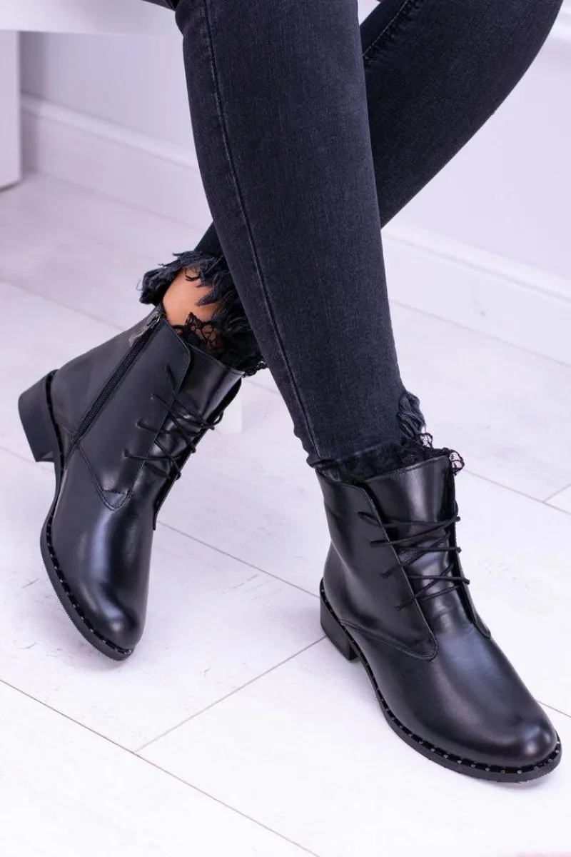 Hot Boto Ocieplane Skórzane Czarne Damskie Botki Z Koronką Millano