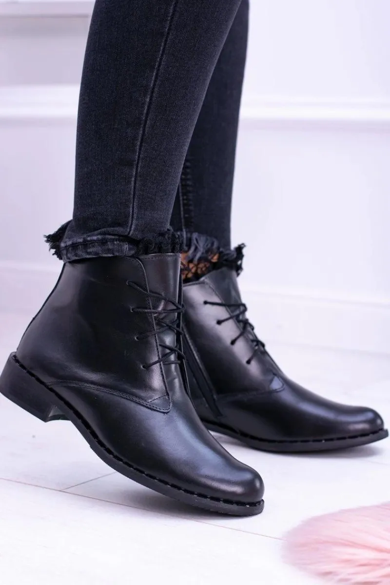 Hot Boto Ocieplane Skórzane Czarne Damskie Botki Z Koronką Millano