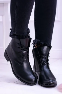 Hot Boto Ocieplane Skórzane Czarne Damskie Botki Z Koronką Millano